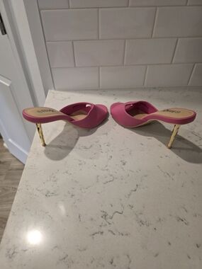 Women's Pink Open-Toe Mules with Gold Heel